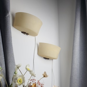 May include: Two wall-mounted sconces featuring semi-circular, frosted cream-colored glass shades. Each shade is attached to a dark brown circular wooden base. A thin white electrical cord hangs vertically from the bottom of each light fixture.