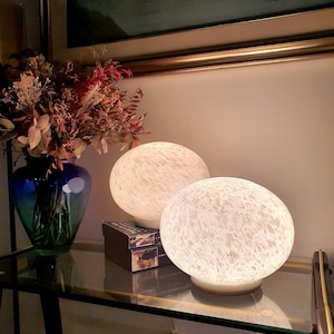 Vintage Murano Glass Table Lamps: White Moonstone Globe Lights, MCM Italian Design
