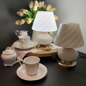 Murano Glass Mushroom Table Lamps: Pink Swirl, Mid-Century Modern