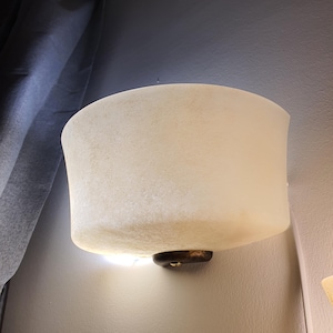 May include: A wall-mounted light fixture with a frosted, off-white shade. The shade has a curved shape and is mounted on a dark, circular base. The fixture is installed on a light gray wall.