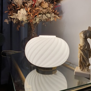 Murano Glass Table Lamp: White Swirl Globe, Golden Base, MCM Bedside Light