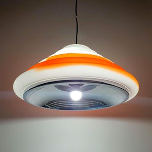 Vintage Murano glass retro Space Age orange, white and chrome pendant light