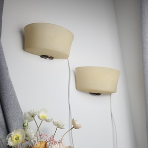 May include: Two cream-colored wall sconces with a curved design are mounted on a white wall. Each sconce has a dark brown base and a visible electrical cord. A bouquet of flowers is in the foreground.