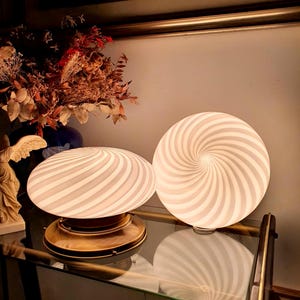 Set of 2 Vintage Murano glass white swirl flush mount light fixtures | handcrafted retro lighting | MCM home decor pair wall ceiling lamps