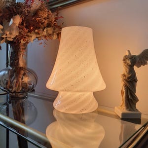 Murano Glass Mushroom Table Lamp: White Silver Swirl, MCM Nordic Bedside Light