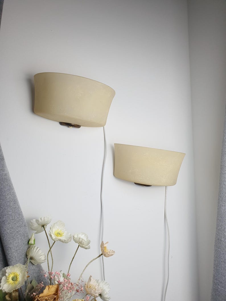 Pair of sand color moonstone Italian vintage Midcentury glass wall sconces image 18
