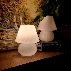 Vintage Murano Glass Mushroom Lamps: White Swirl Bedside Lighting