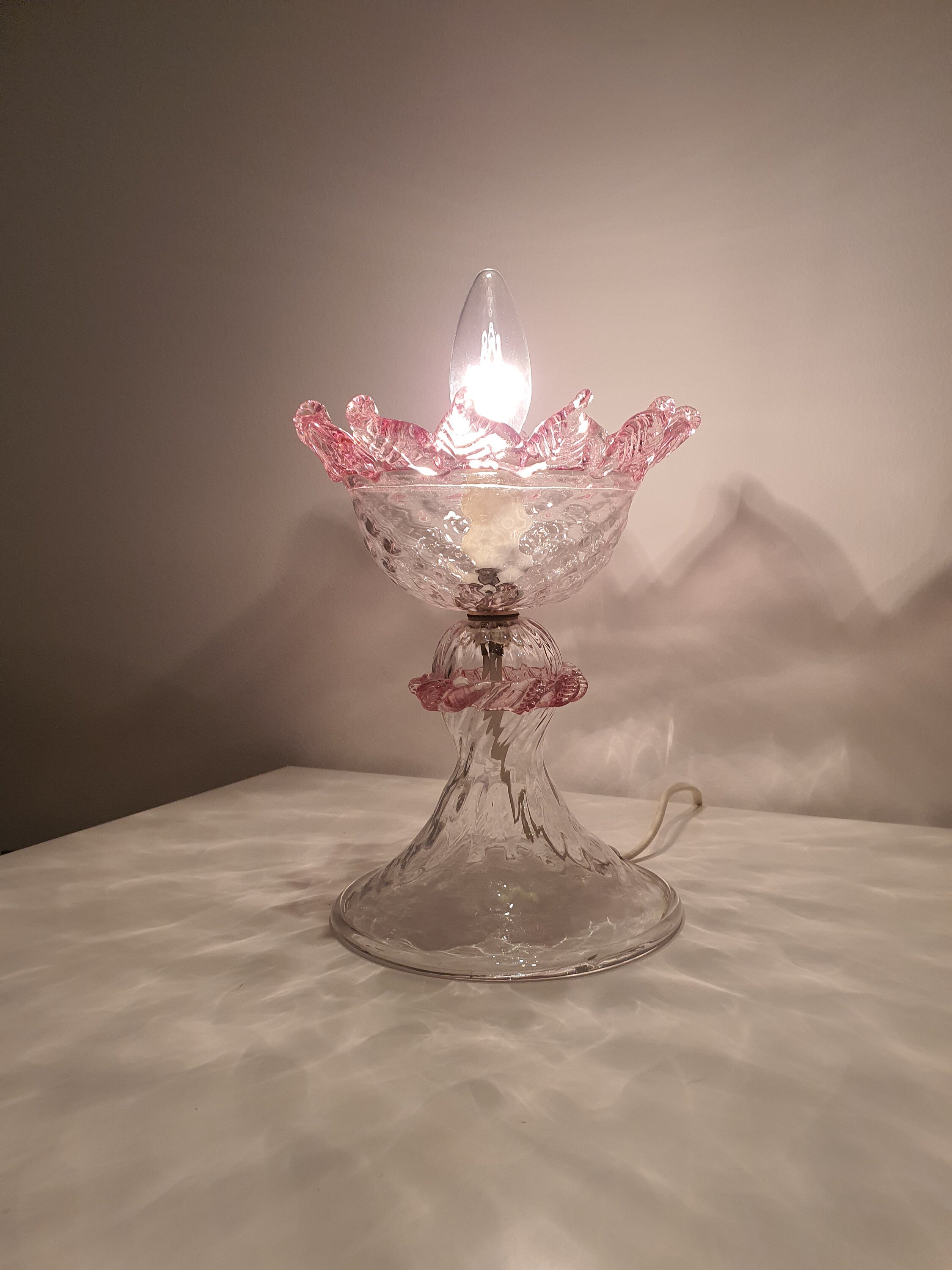 Vintage Murano Glass Tulip Table Lamp: Pink Floral Bedside Light