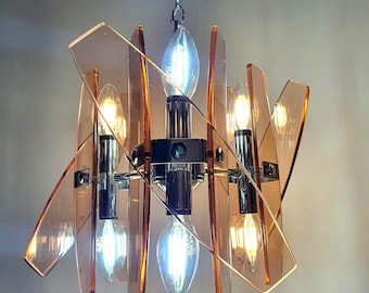 Veca Italian Chandelier: 1970s Pink Glass Pendant Light, Chrome Base