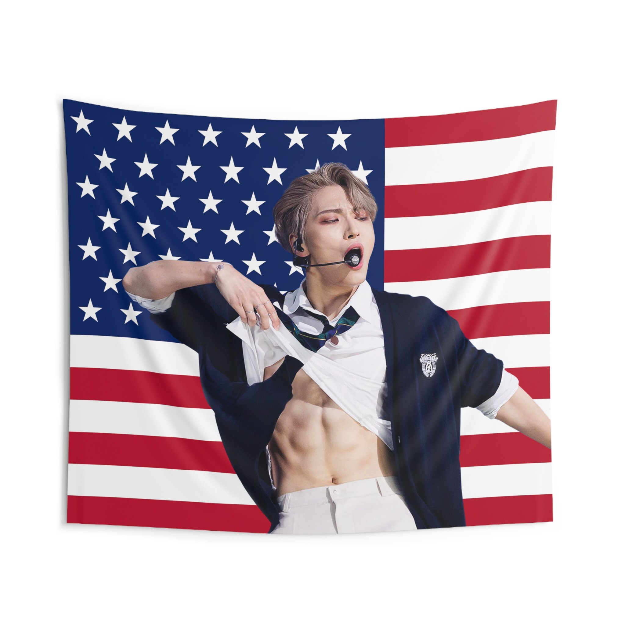 ATEEZ Seonghwa Abs USA Flag Banner Tapestry, Kpop Merch Concert