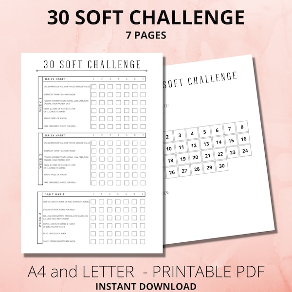 30 SOFT Challenge Tracker, Day Challenge Printable, Weight Loss Challenge, 30 Fitness Journal, 30 Soft Challenge,  Self Improvement, PDF