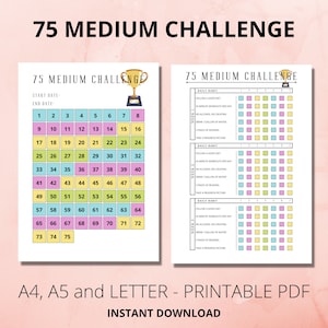 75 Medium Challenge Tracker, Day Challenge Printable, Weight Loss Challenge, 75 Fitness Journal, 75 Soft Challenge,  Self Improvement, PDF,