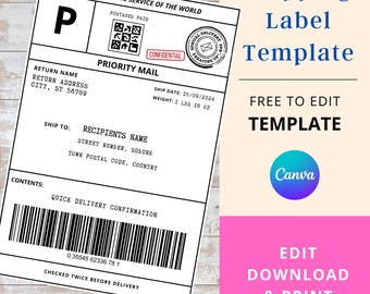 Modèle d'étiquette d'expédition modifiable | Étiquette de courrier personnalisée modifiable | Modèle d'étiquette d'expédition | Modèle d'étiquette d'expédition pour boîte-cadeau