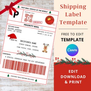 Editable Christmas Shipping Label Template, Editable Personalized Mail Label, Mail Shipping Label Template For Gift Box,  xmass label