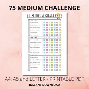75 Medium Challenge Tracker, Day Challenge Printable, Weight Loss Challenge, 75 Fitness Journal, 75 Soft Challenge,  Self Improvement, PDF,