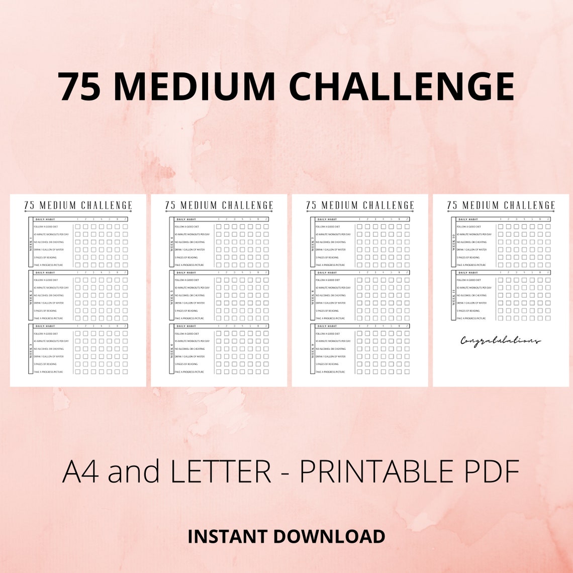 75 Medium Challenge Tracker, Day Challenge Printable, Weight Loss