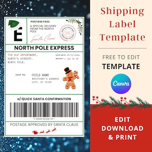 Editable Christmas Shipping Label Template, Editable Personalized Mail Label, Mail Shipping Label Template For Gift Box,  xmass label