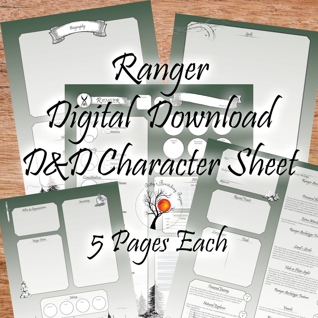 Ranger D&amp;D 5e Character Sheet 5 Pages PDF Digital Download - Etsy