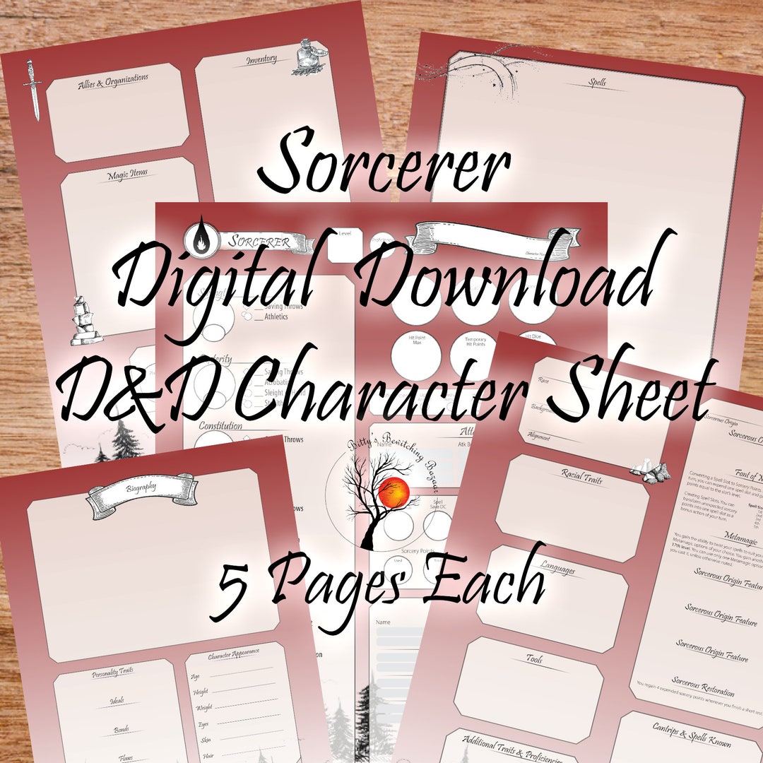 Sorcerer D&D 5e Character Sheet 5 Pages PDF Digital - Etsy UK