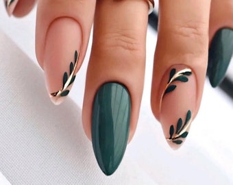 Ensemble captivant de 12 ongles en forme de branche d'olivier vert foncé ! Faux ongle floral, ongle à pression, ongle artisanal, accessoire inspiré de la nature, nail art