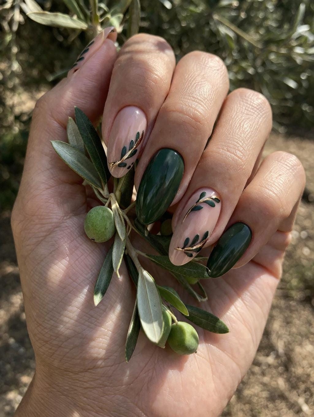 Dark Green Olive Branch Press-On Nails, Floral Nail Art, 24-Piece