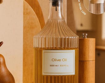 Vintage Glass Olive Oil Dispenser Bottle – 1000 ml / 34 oz – Ribbed Clear Glass Oil Cruet with Pour Spout – Kitchen Oil Container, Dispenser