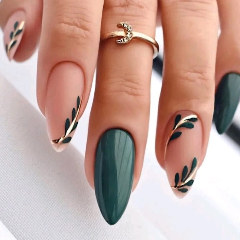 Captivating 12Piece Dark Green Olive Branch Nail Set Floral Fake Nail, Press-On Nail, Handcrafted Nail, Nature-Inspired Accessory