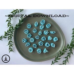 Puede incluir: Una colección de 20 cortadores de galletas de plástico azul en varias formas de flores y hojas en un plato verde.  ~DESCARGA DIGITAL~