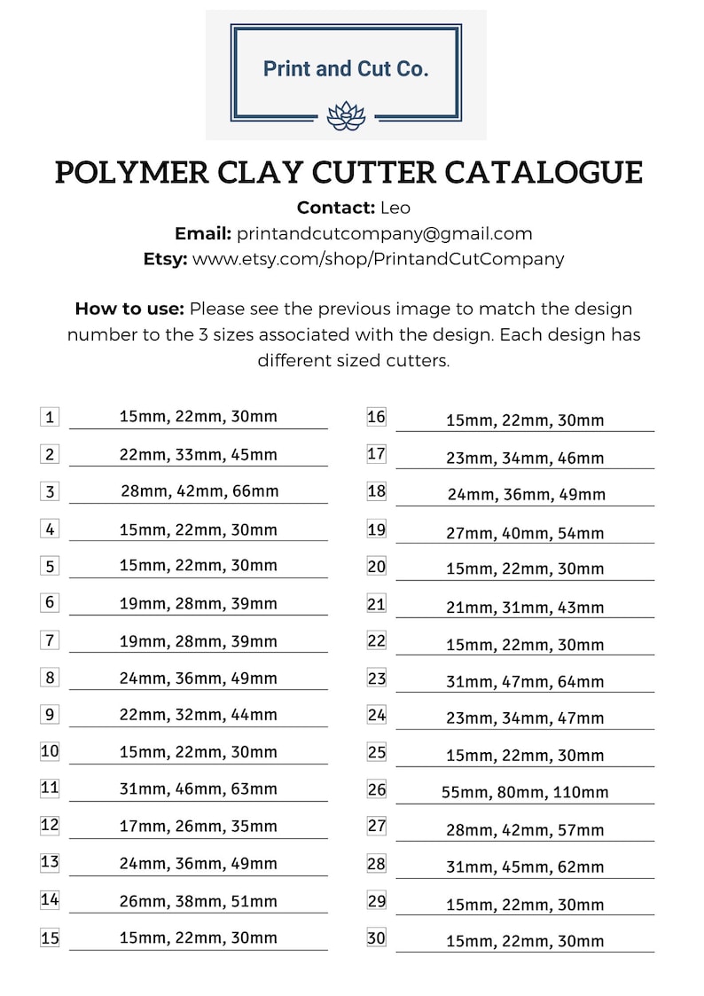 Puede incluir: Un gr&aacute;fico en blanco y negro que enumera 30 dise&ntilde;os de cortadores de arcilla polim&eacute;rica con los tama&ntilde;os correspondientes en mil&iacute;metros. El gr&aacute;fico se titula "Cat&aacute;logo de cortadores de arcilla polim&eacute;rica" e incluye informaci&oacute;n de contacto para la empresa, "Print and Cut Co."