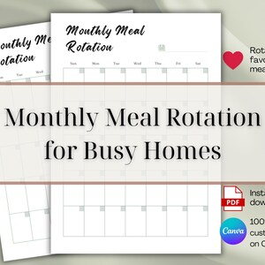 Può includere: Pianificatore di pasti stampabile bianco intitolato "Monthly Meal Rotation for Busy Homes". Il design include un layout di calendario per il monitoraggio dei pasti, un cuore rosso e il testo "Ruota i tuoi pasti preferiti."