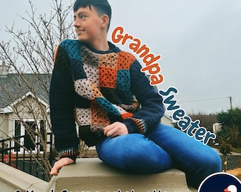 Easy Crochet Pattern, The Grandpa Sweater Crochet Pattern, Vintage Crochet Jumper PDF, Men's Pullover, Granny Square Pattern, Size UK M