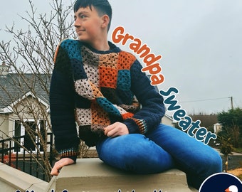 Easy Crochet Pattern, The Grandpa Sweater Crochet Pattern, Vintage Crochet Jumper PDF, Men's Pullover, Granny Square Pattern, Size UK M