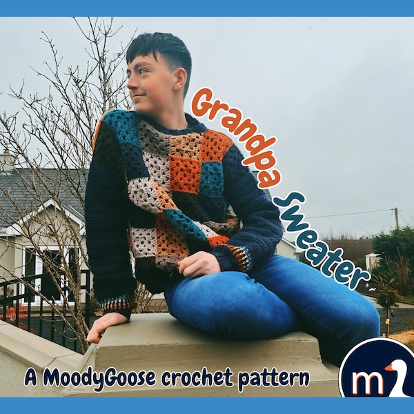 Easy Crochet Pattern, The Grandpa Sweater Crochet Pattern, Vintage Crochet Jumper PDF, Men's Pullover, Granny Square Pattern, Size UK M