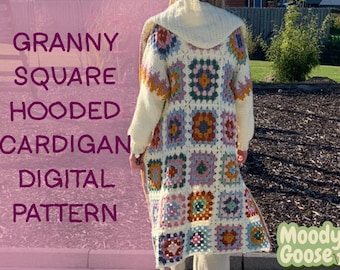 Crochet Long Granny Square Hooded Cardigan Pattern | Boho Coat (Digital PDF)