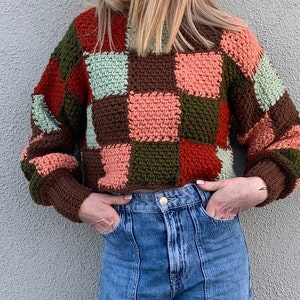 Easy Crochet Pattern, Short sweater pattern, crochet jumper pattern, patchwork pullover, vintage cardigan , Beginner Crochet Pattern