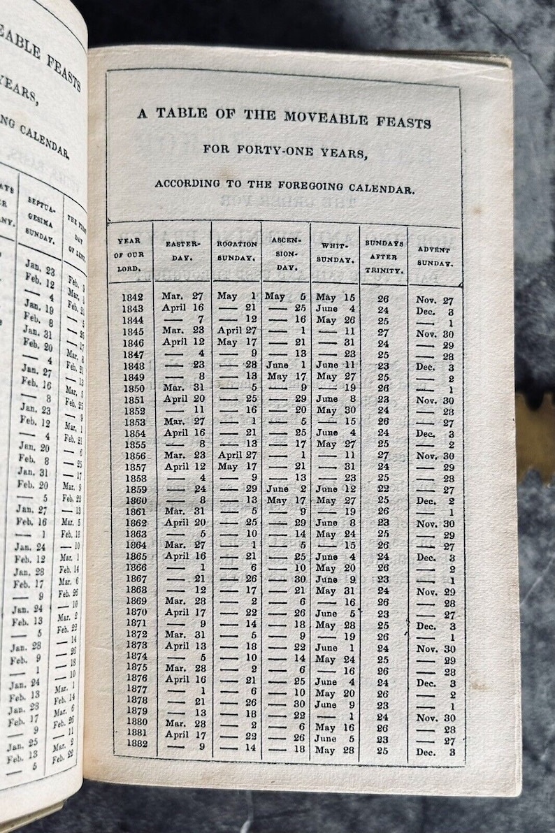 May include: A black and white printed page with a table listing the moveable feasts for forty-one years, according to the Gregorian calendar. The table includes the year, Easter day, Rogation Sunday, Ascension Day, Whit Sunday, Sundays after Trinity, and Advent Sunday.
