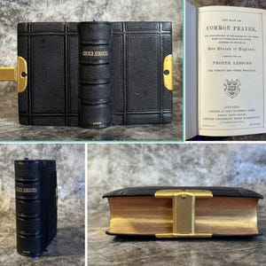 May include: A vintage black leather-bound book titled "Church Services" with gold accents and a clasp. The book is open to a page with the title "The Book of Common Prayer" and text from the Church of England.