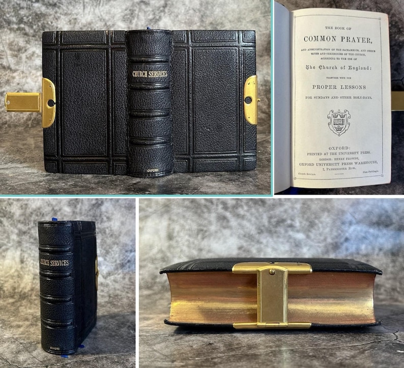 May include: A vintage black leather-bound book titled "Church Services" with gold accents and a clasp. The book is open to reveal printed text, including "The Book of Common Prayer" and "Oxford".