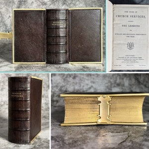 May include: A vintage leather-bound book with gold accents. The book is closed and the spine is visible. The title on the spine reads "Church Services".