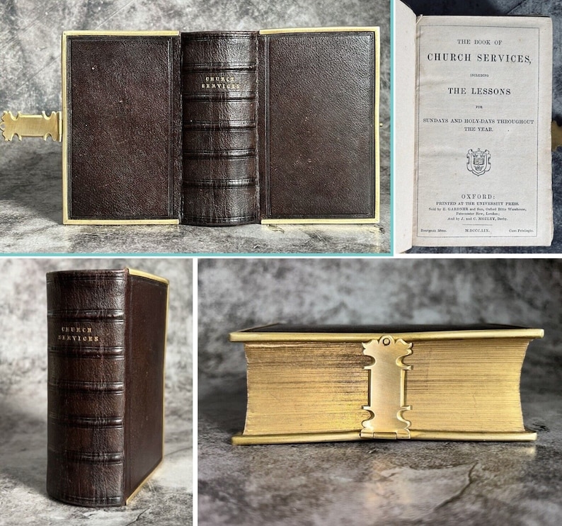 May include: A vintage leather-bound book with gold accents. The book is closed and the spine is visible. The title on the spine reads "Church Services".