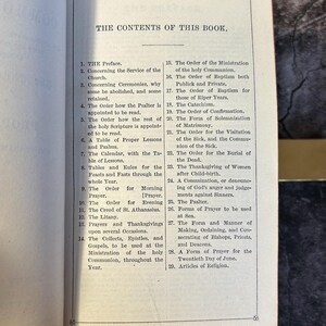 May include: Open book with a list of contents titled "THE CONTENTS OF THIS BOOK." The text is in black font on a cream-colored page. The book is open to a page with a list of 29 numbered items.