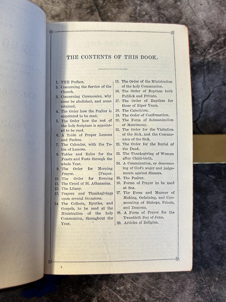 May include: Open book with a list of contents titled "THE CONTENTS OF THIS BOOK." The text is in black font on a cream-colored page. The book is open to a page with a list of 29 numbered items.