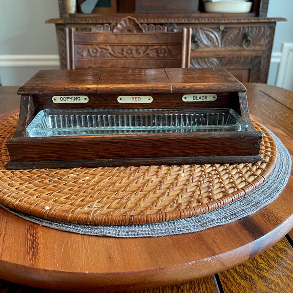 Edwardian Desk Inkwell with Glass Caddy