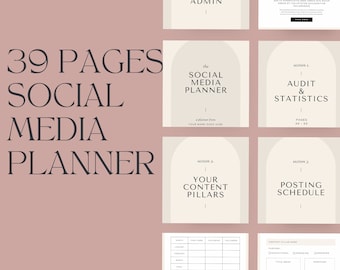 May include: A 39-page social media planner template set featuring a dusty rose background with cream-colored pages. The pages display black serif text including titles like Social Media Admin, Audit & Statistics, Your Content Pillars, and Posting Schedule.