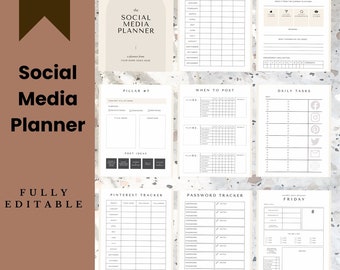 May include: A digital social media planner template set featuring a cover page with an arch design and various organizational sheets including statistics, social media audit, content pillars, posting schedules, daily tasks, Pinterest tracker, and password tracker.