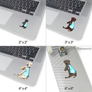 May include: Four different sizes of a sticker featuring a brown Labrador Retriever wearing a blue shirt with a paw print and the text "I love you" on it. The sticker is shown on a laptop and a skateboard.