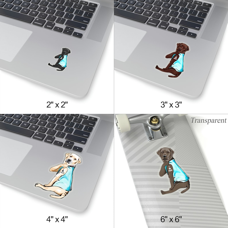 May include: Four different sizes of a sticker featuring a brown Labrador Retriever wearing a blue shirt with a paw print and the text "I love you" on it. The sticker is shown on a laptop and a skateboard.