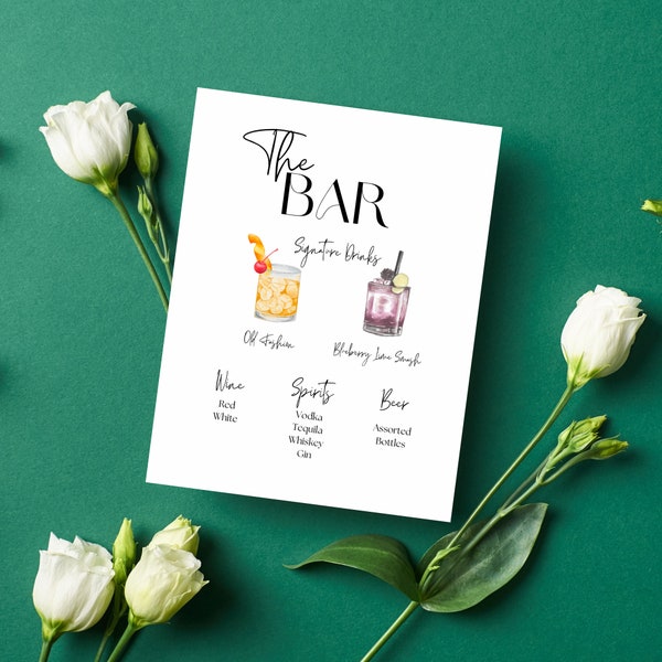 Classy Bar Sign, Modern Watercolor Drink Menu, Minimalist Wedding Bar Menu Template, Simple Event Drink Menu Customize & Print