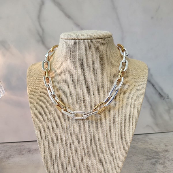 Vtg Ralph Lauren RLL Silver Tone & Gold Tone Chain Link Choker Necklace 16 Inch Vintage – Lot P16