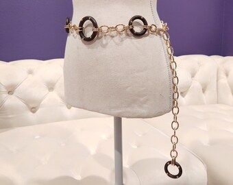 Vintage 80s Faux Wood Link Waist Belt Brown Boho Geometric‎ Brass Silver 24-31\